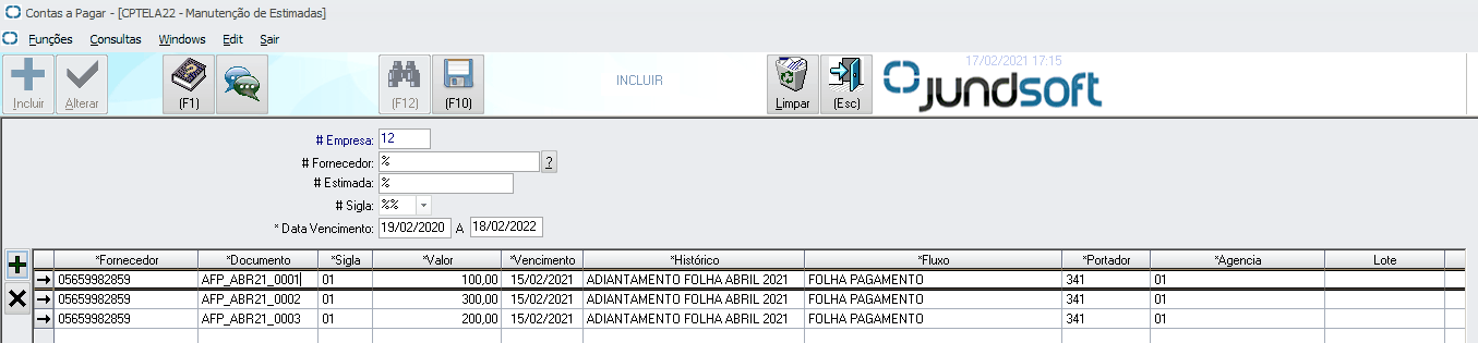 WSFContasPagarEstimadaInclusao