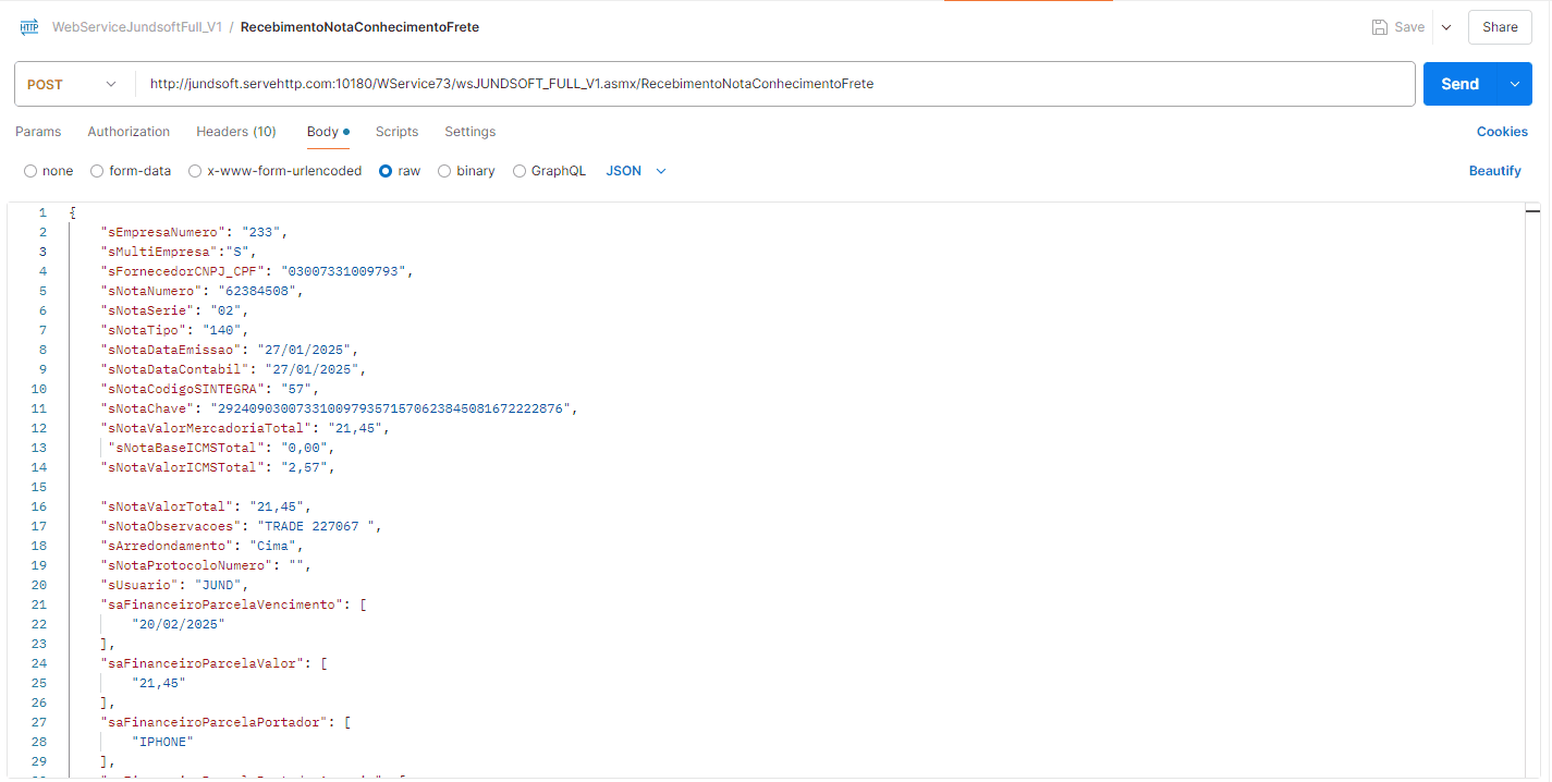WSFRecebimentoNotaConhecimentoFrete